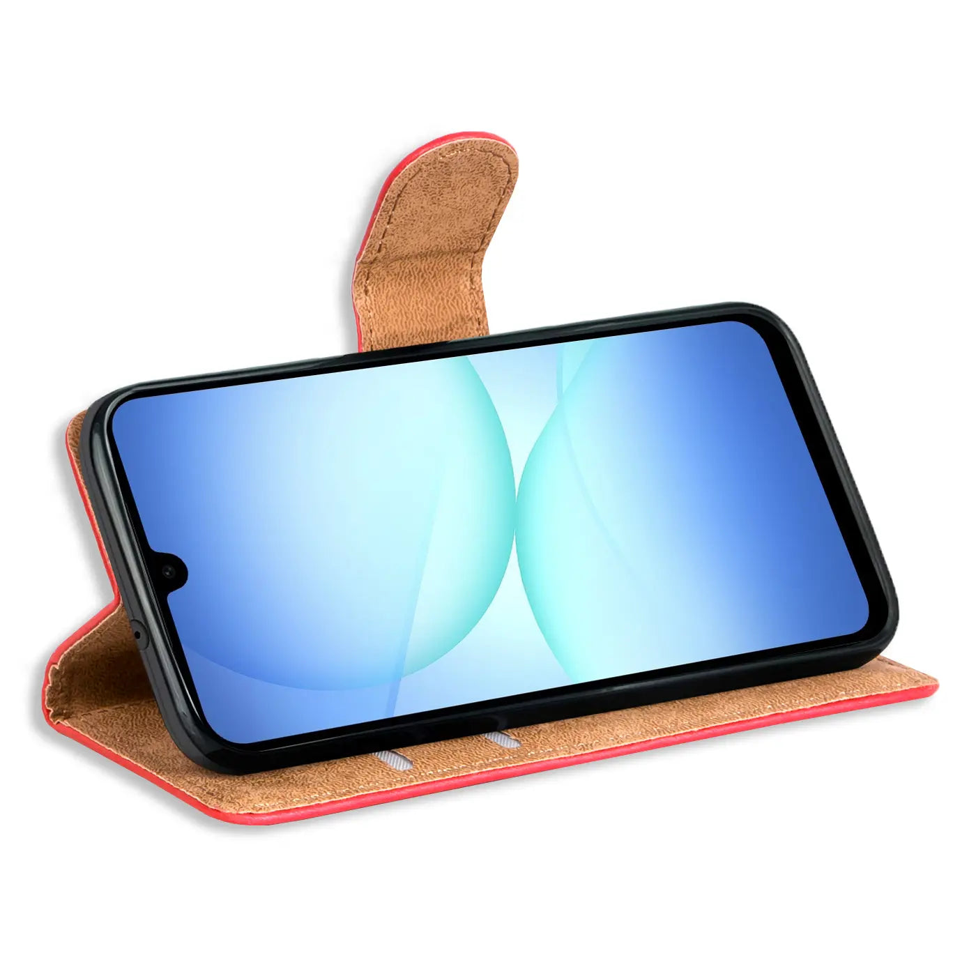 Rote Klapphülle aus Leder mit Kartenfächern, zeigt ein Smartphone von vorne.