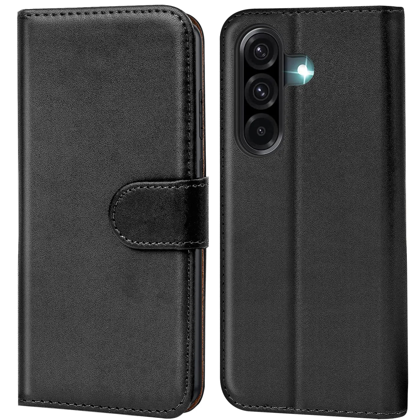 Schwarze Leder-Klapphülle mit Kartenfächern, Vorder- und Rückansicht, für Samsung Galaxy A17 5G.
