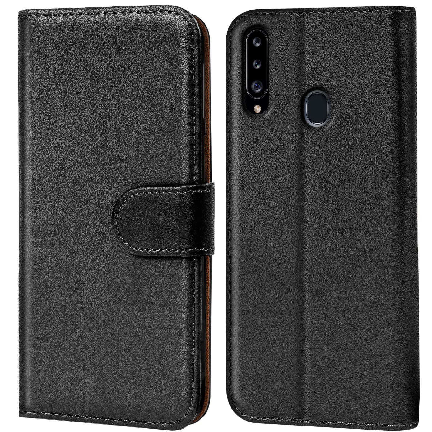 Schwarze Leder-Klapphülle mit Kartenfächern, Vorder- und Rückansicht, für Samsung Galaxy A20s.