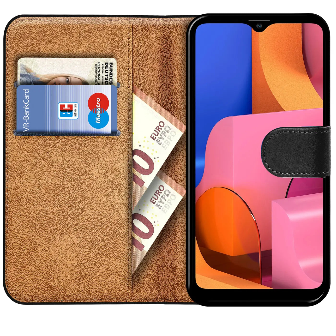 Braune Leder-Klapphülle mit Kartenfächern und Geldscheinfach, zeigt Samsung Galaxy A20s.