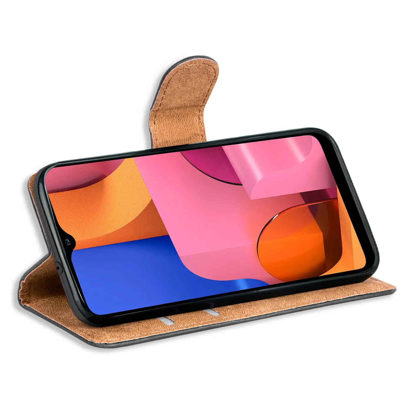 Braune Kunstleder-Klapphülle mit Kartenfächern, seitliche Ansicht, zeigt Samsung Galaxy A20s.