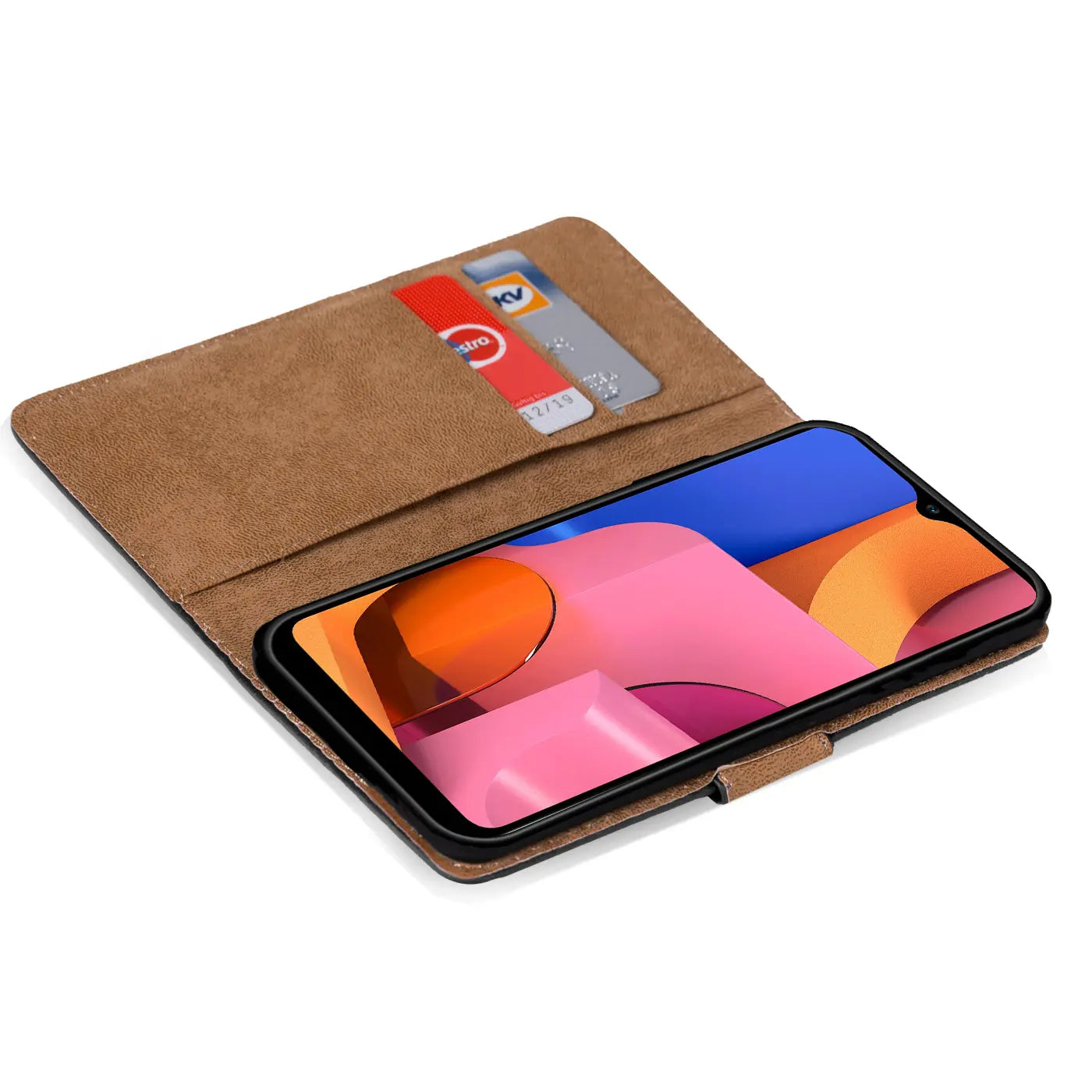 Braune Kunstleder-Klapphülle mit Kartenfächern, zeigt Samsung Galaxy A20s.