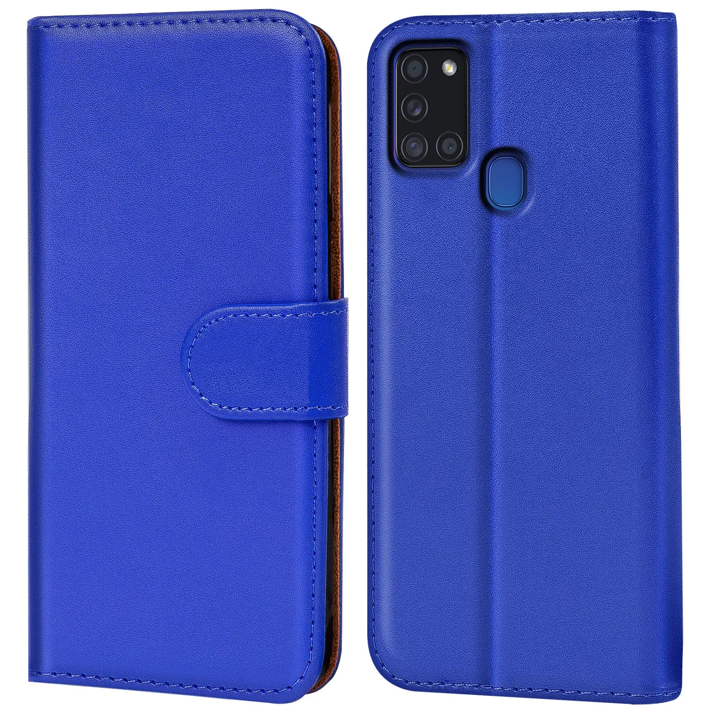 Blaue Kunstleder-Klapphülle für Samsung Galaxy A21s, Vorder- und Rückansicht.