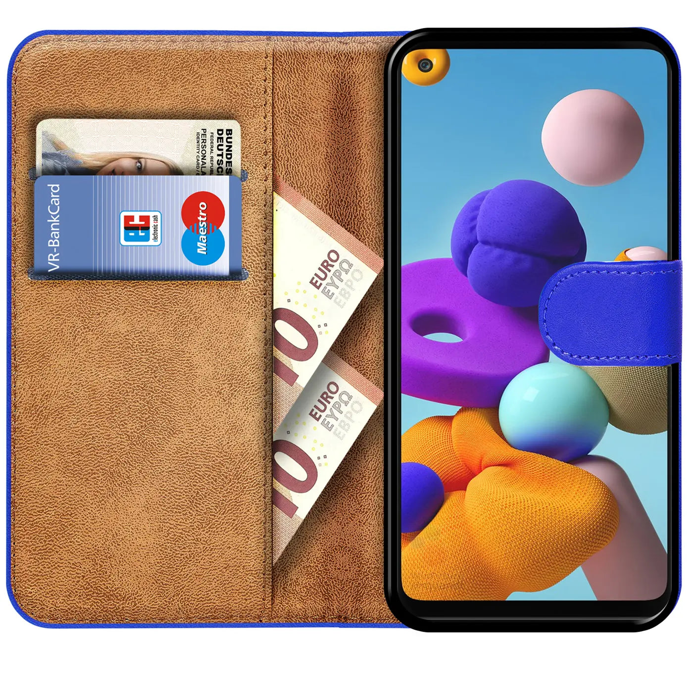 Blaue Kunstleder-Klapphülle mit braunem Innenleben, Kartenfächern und Geldscheinen, zeigt Samsung Galaxy A21s.