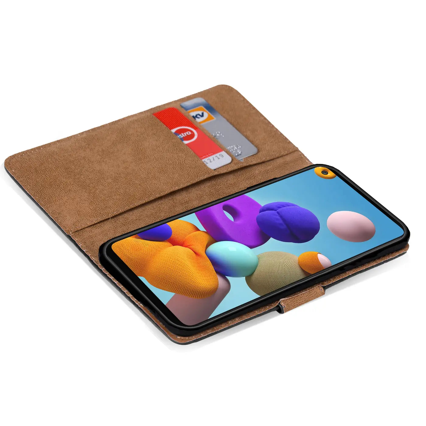 Braune Kunstleder-Klapphülle mit Kartenfächern, Samsung Galaxy A21s, von oben.