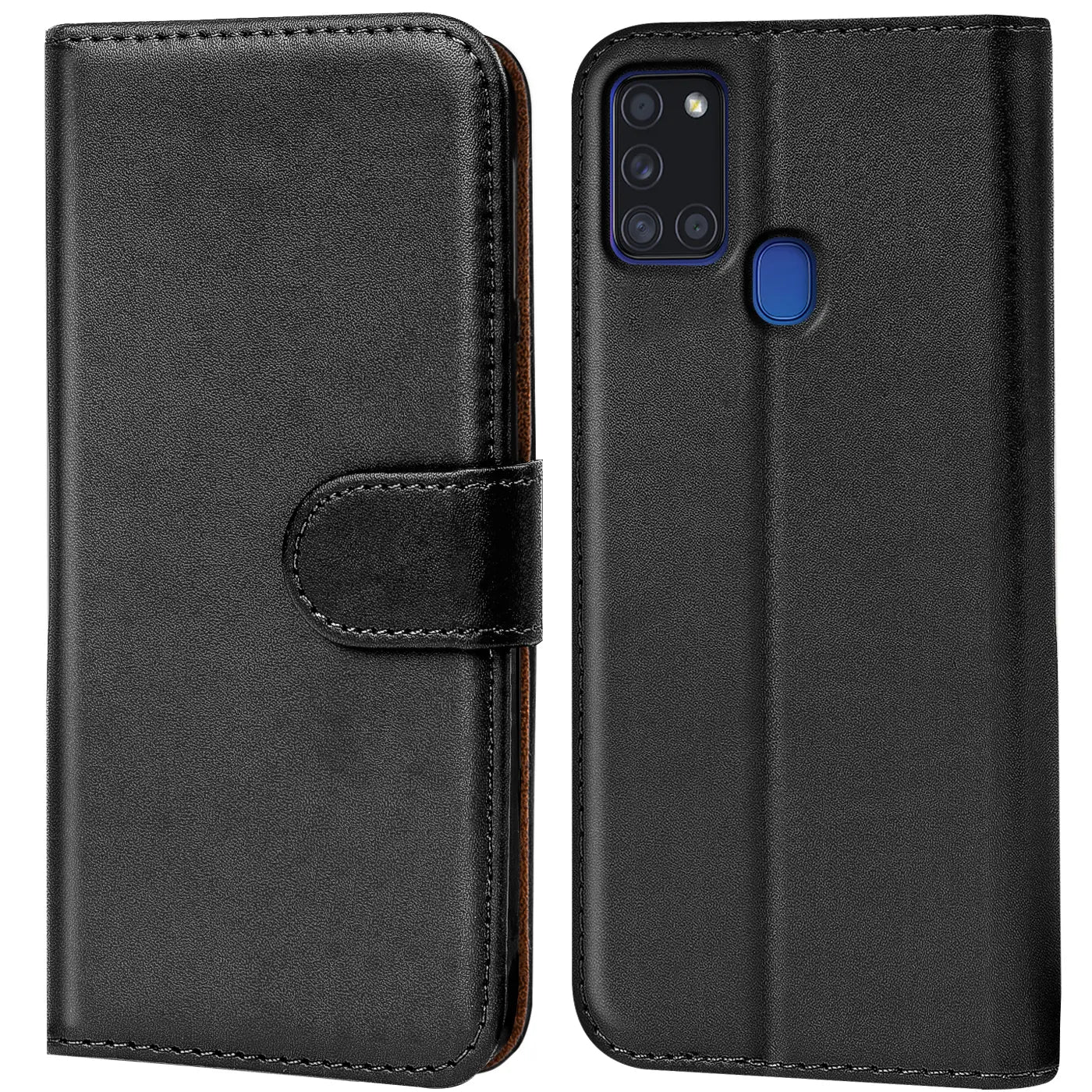 Schwarze Leder Klapphülle mit Kartenfächern, Vorder- und Rückansicht, Samsung Galaxy A21s.
