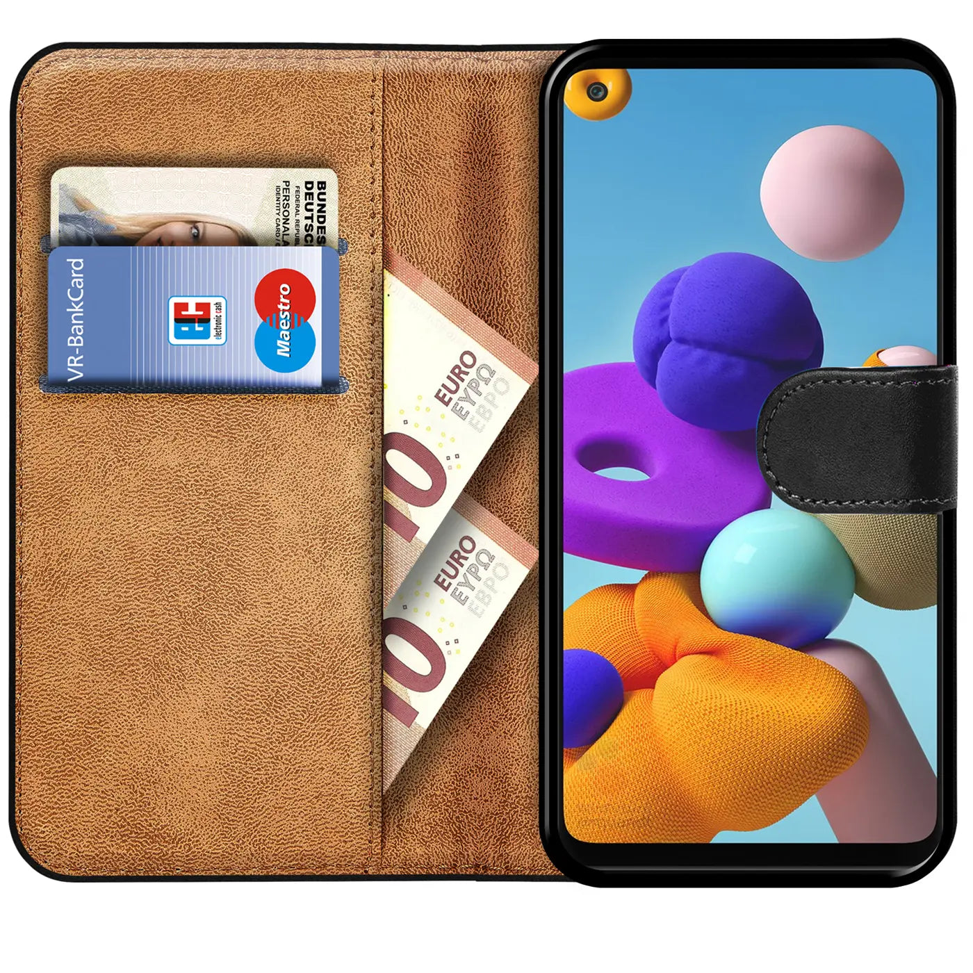 Braune Kunstleder-Klapphülle mit Kartenfächern, zeigt ein Samsung Galaxy A21s.