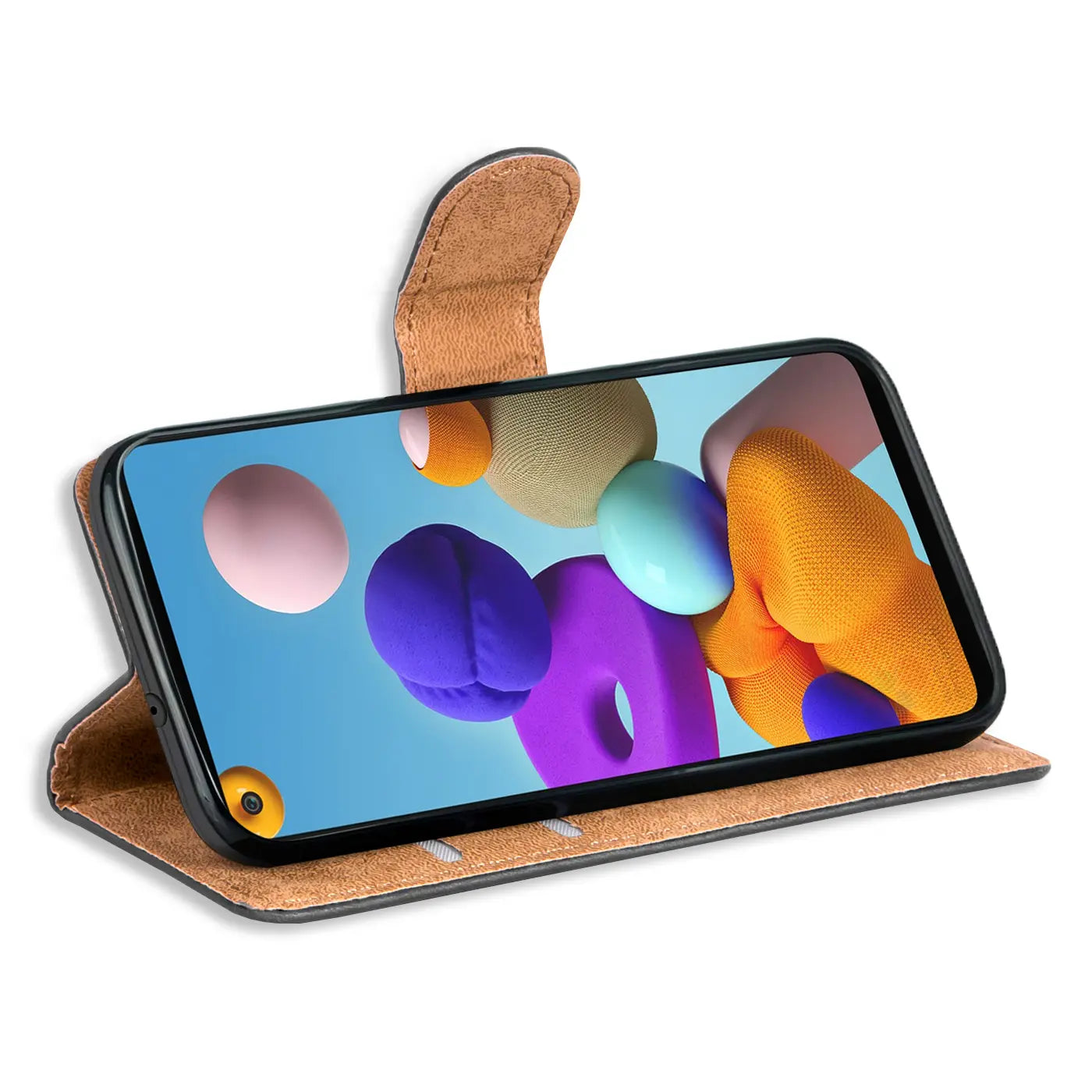 Braune Kunstleder-Klapphülle mit Kartenfächern, zeigt Samsung Galaxy A21s, Seitenansicht.