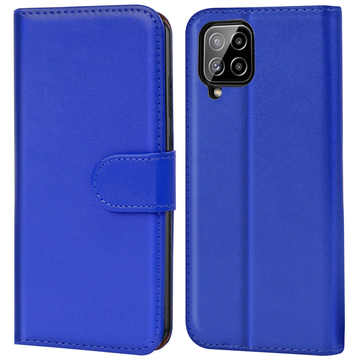 Blaue Kunstleder-Klapphülle mit Kartenfächern, Vorder- und Rückansicht, zeigt Samsung Galaxy A22 4G/M32/M22.
