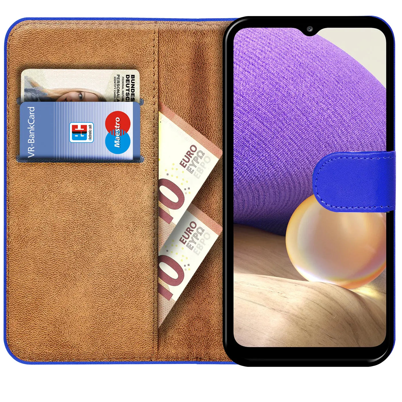 Braune Leder-Klapphülle mit blauen Akzenten, darin eine VR-BankCard und 10€-Scheine. Samsung A22 4G.