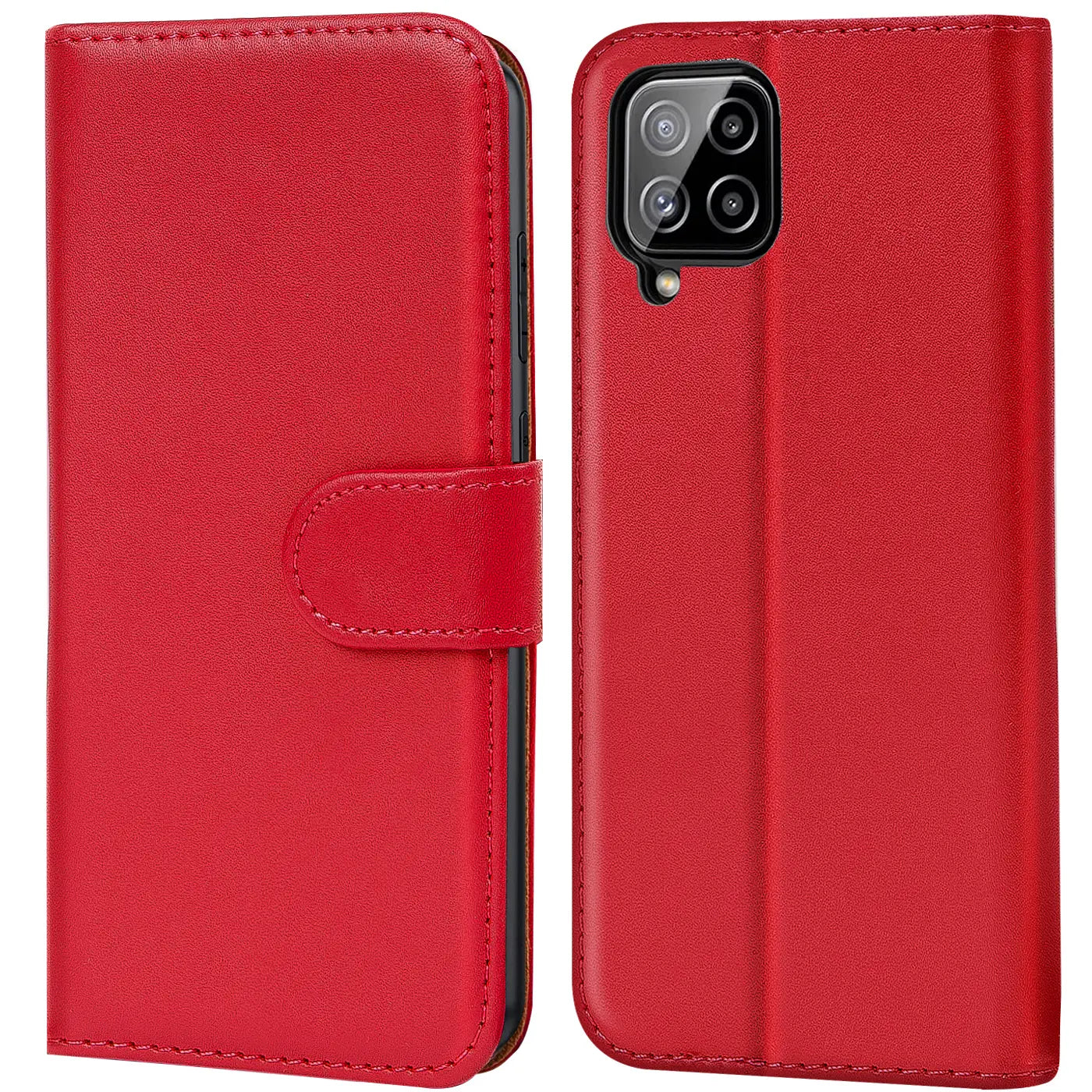 Rote Kunstleder-Klapphülle mit Kartenfächern, Vorder- und Rückansicht, Samsung Galaxy A22 4G/M32/M22.