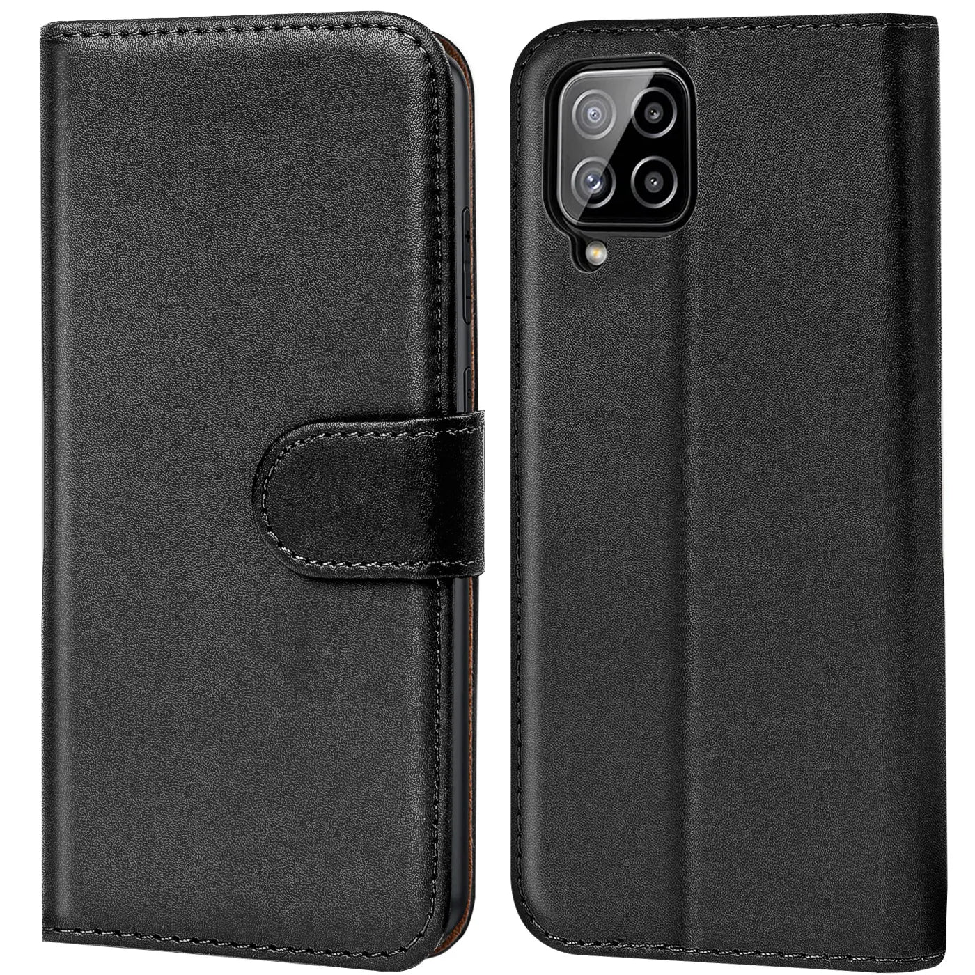 Schwarze Leder-Klapphülle mit Kartenfächern, Vorder- und Rückansicht, für Samsung Galaxy A22/M32/M22