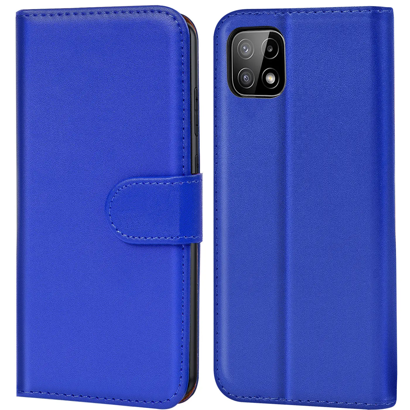 Blaue Kunstleder-Klapphülle mit Kartenfächern für Samsung Galaxy A22 5G, Vorder- und Rückansicht.