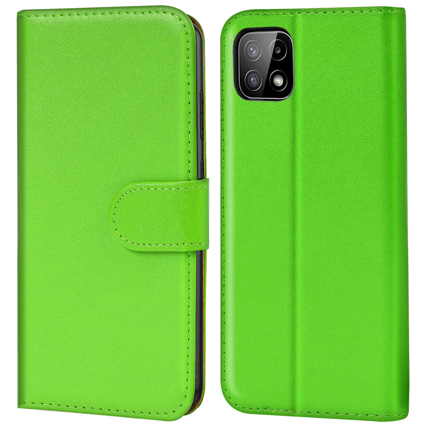 Grüne Kunstleder-Klapphülle mit Kartenfächern, Vorder- und Rückansicht, für Samsung Galaxy A22 5G.