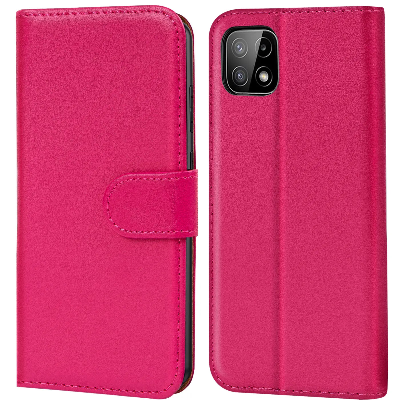 Pink Kunstleder Klapphülle mit Kartenfächern, Vorder- und Rückansicht, Samsung Galaxy A22 5G.
