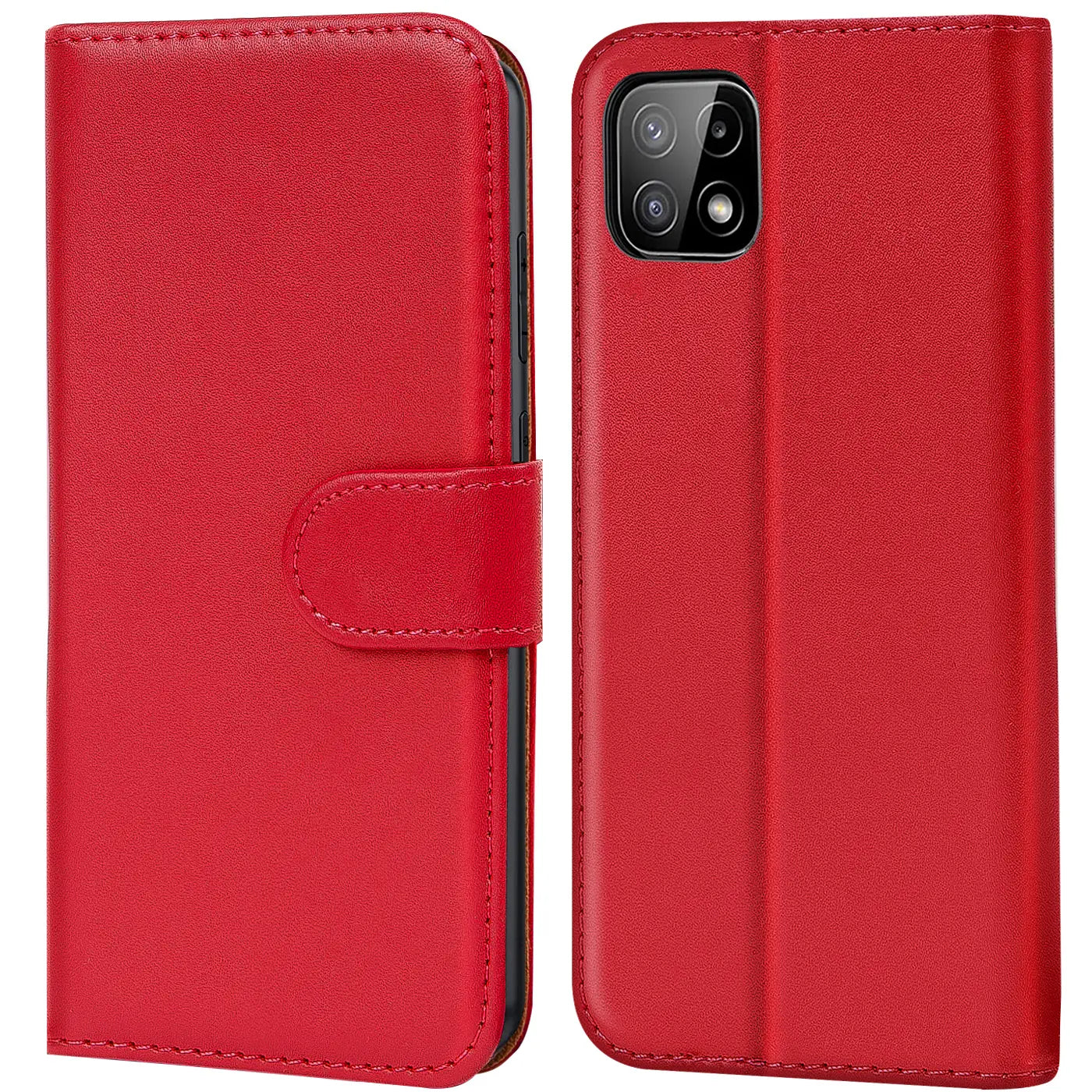 Rote Kunstleder-Klapphülle mit Kartenfächern, Vorder- und Rückansicht, Samsung Galaxy A22 5G.