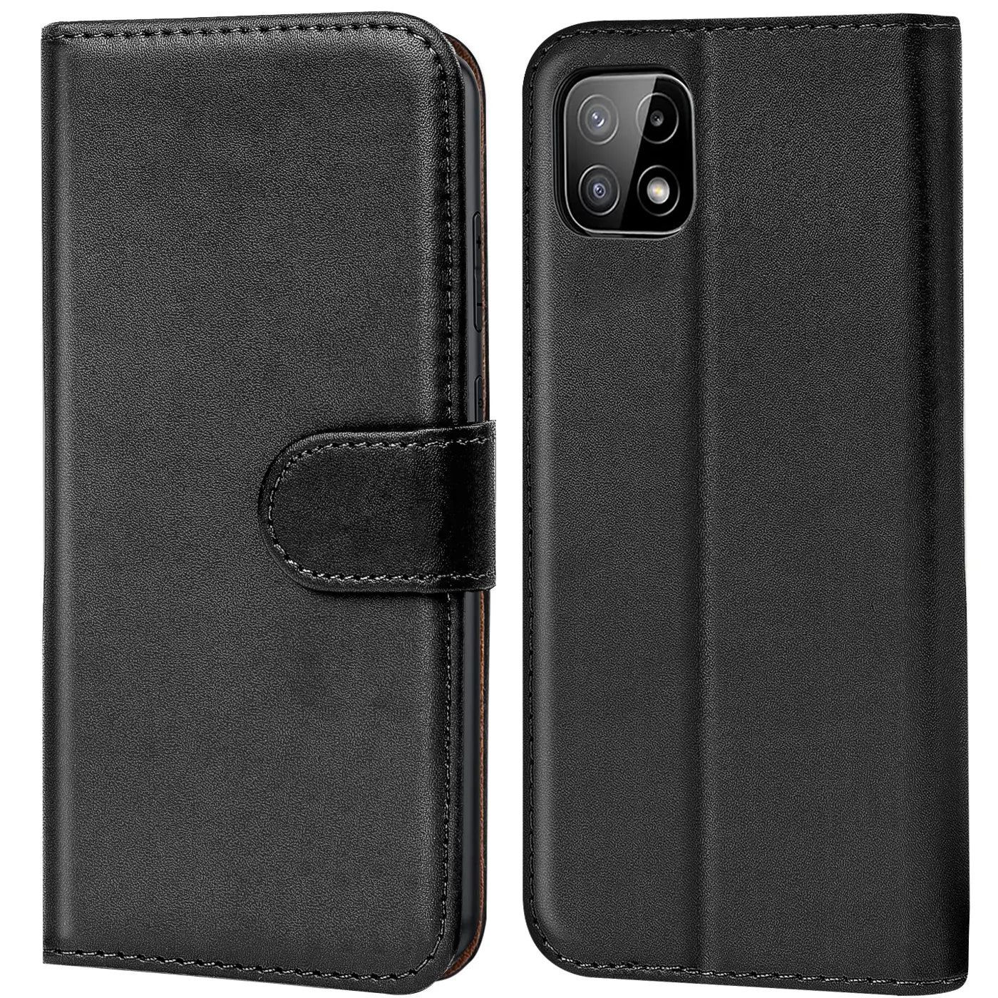 Schwarze Leder-Klapphülle mit Kartenfächern, Vorder- und Rückansicht, für Samsung Galaxy A22 5G.
