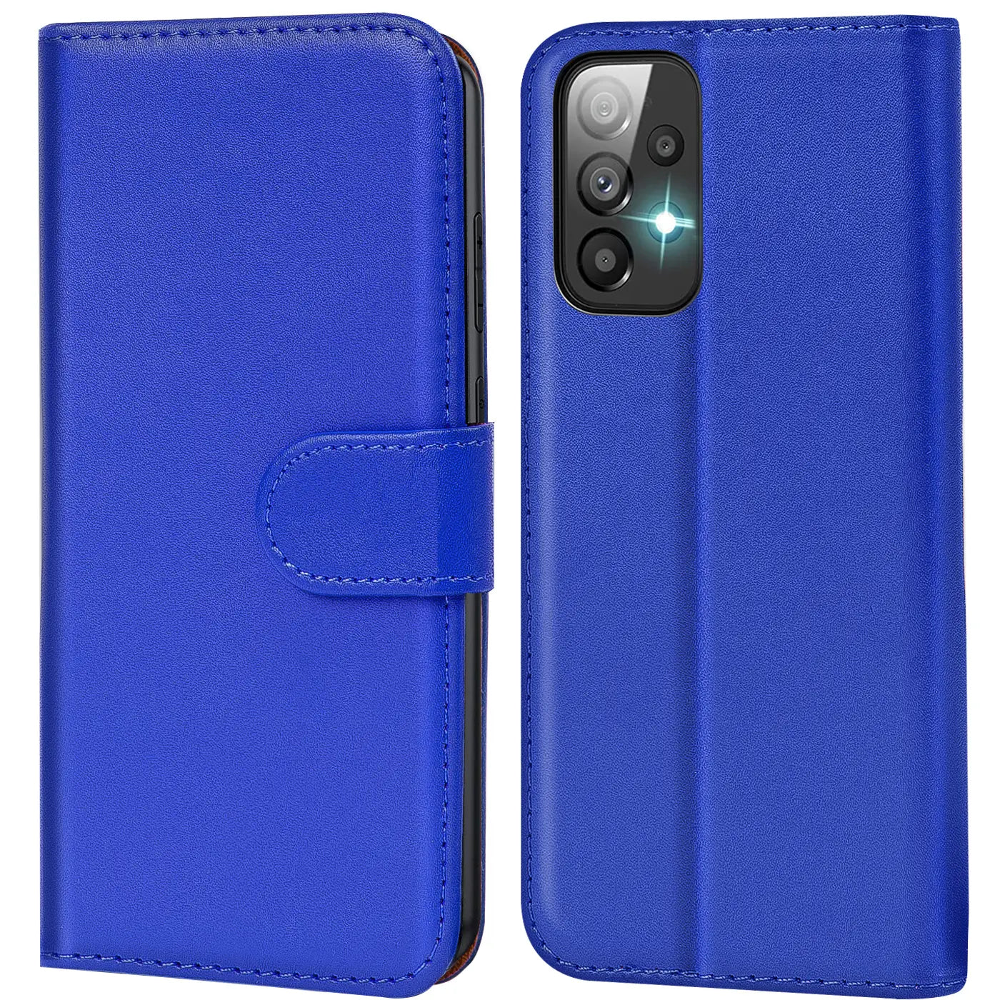Blaue Kunstleder-Klapphülle für Samsung Galaxy A23 5G, Vorder- und Rückansicht.