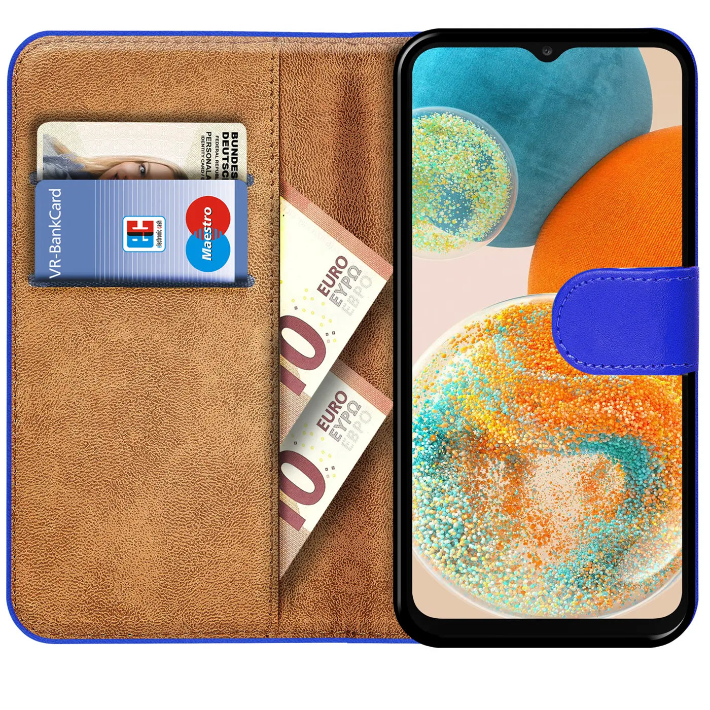 Braune Kunstleder-Klapphülle mit Kartenfächern und blauem Verschluss, zeigt Samsung Galaxy A23 5G.