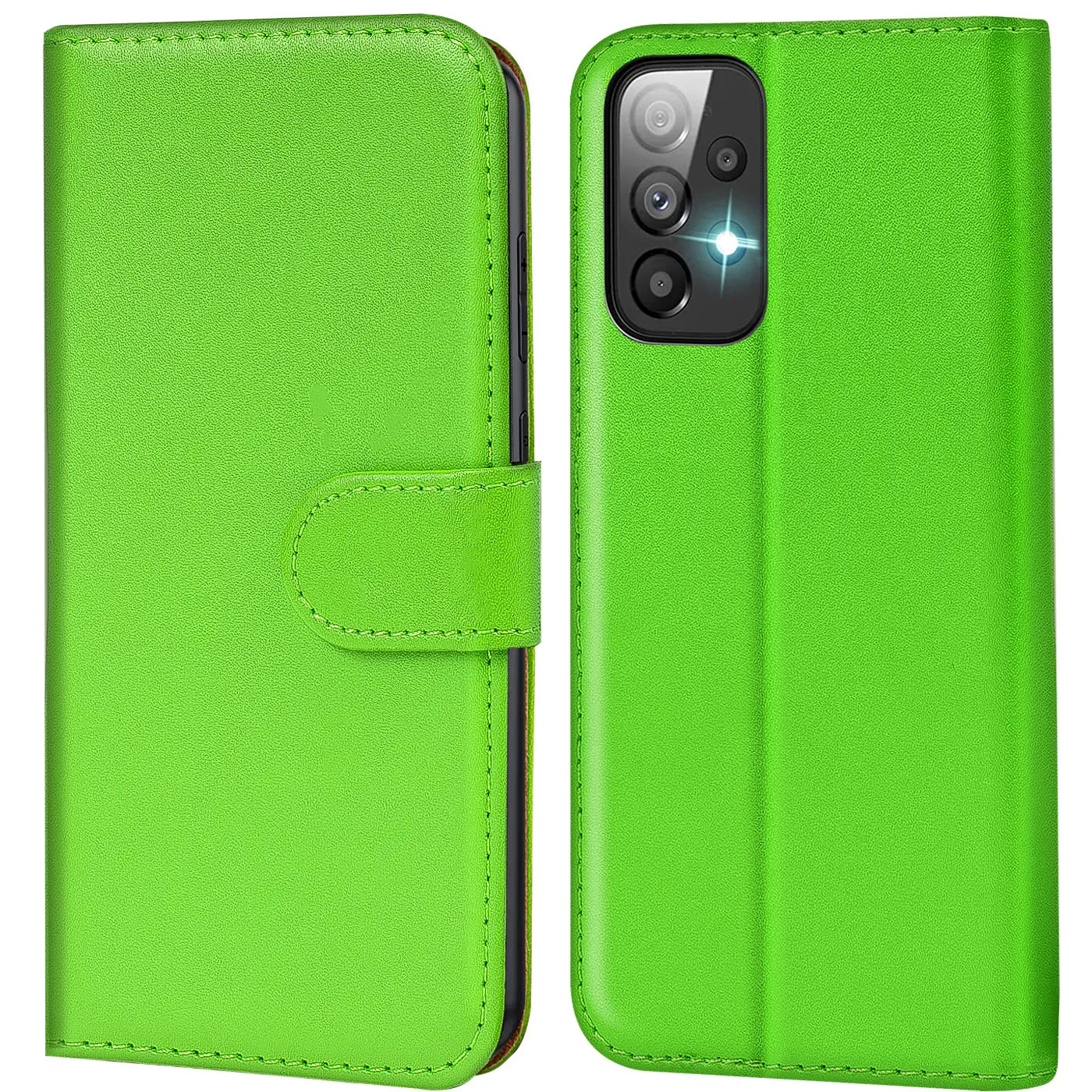Grüne Kunstleder-Klapphülle mit Kartenfächern, Vorder- und Rückansicht, für Samsung Galaxy A23 5G.