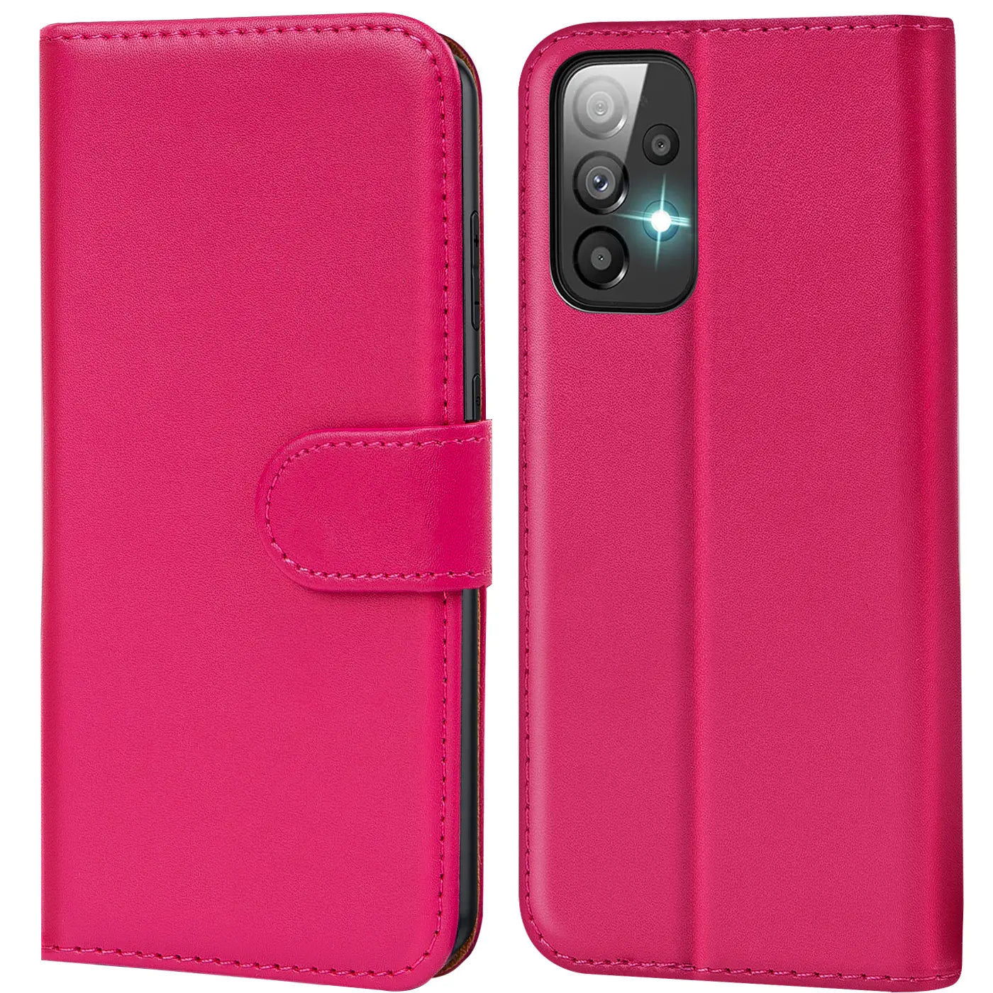Pink Kunstleder Klapphülle mit Kartenfächern, Vorder- und Rückansicht Samsung A23 5G.
