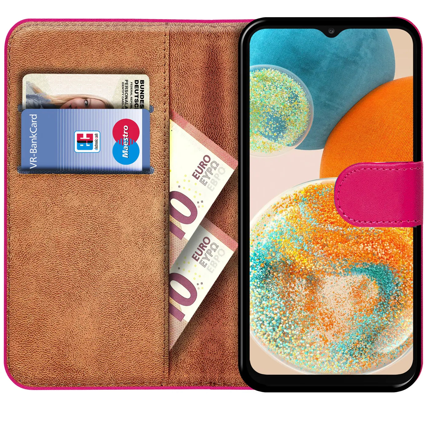 Braune Kunstleder-Klapphülle mit Kartenfächern, zeigt Samsung Galaxy A23 5G.