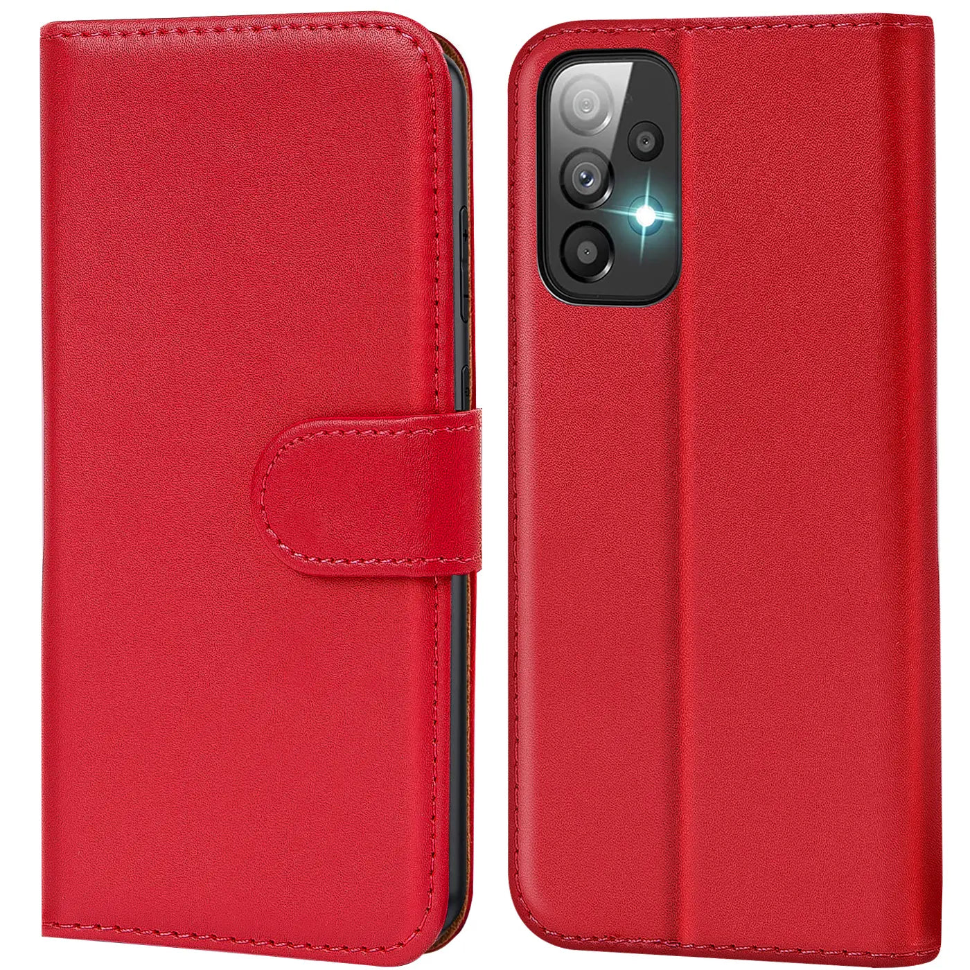 Rote Kunstleder-Klapphülle mit Kartenfächern, Vorder- und Rückansicht, Samsung Galaxy A23 5G.