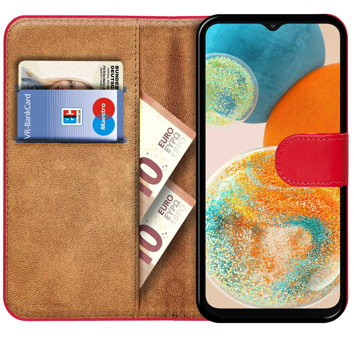Rote Kunstleder-Klapphülle mit Kartenfächern, zeigt Samsung Galaxy A23 5G.