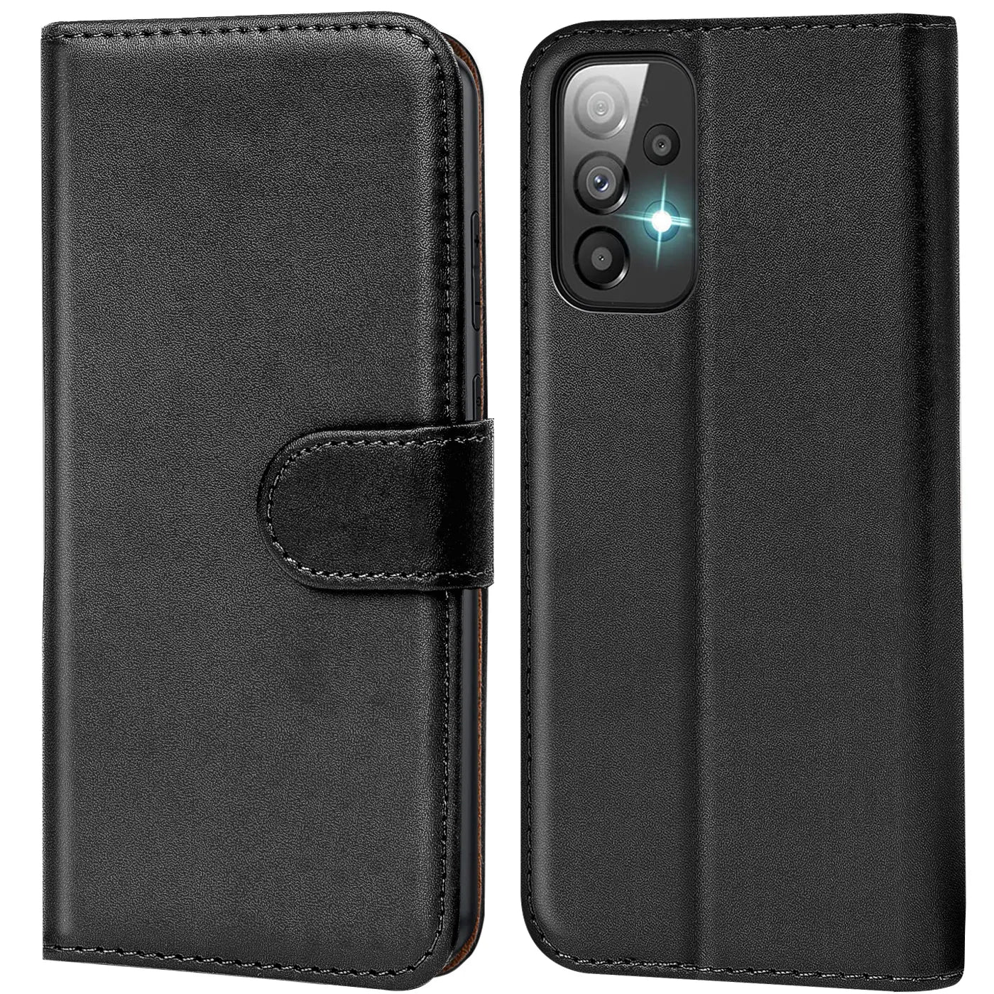 Schwarze Leder-Klapphülle für Samsung Galaxy A23 5G, Vorder- und Rückansicht.