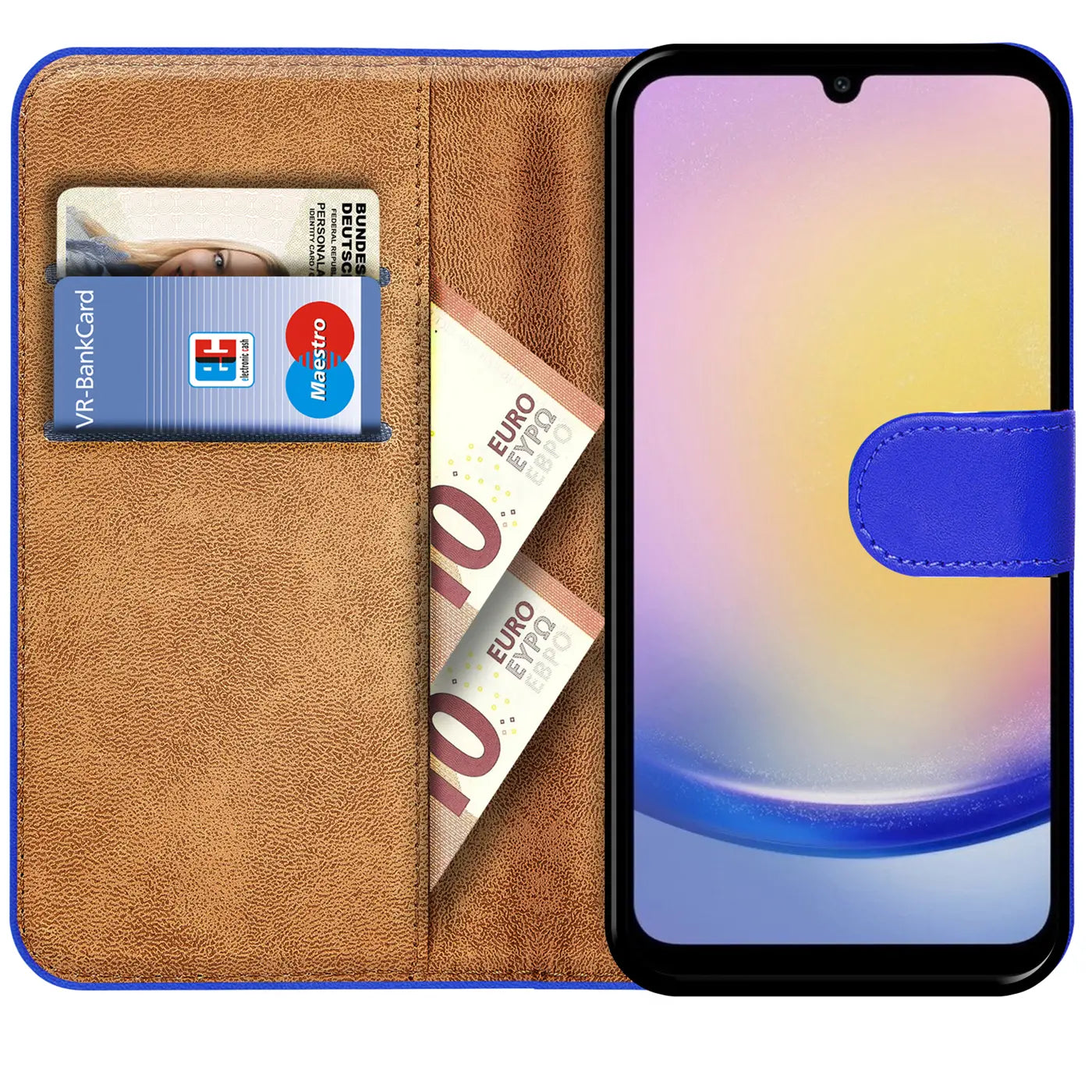 Blaue Kunstleder-Klapphülle mit Kartenfächern und Geldscheinfach, zeigt Samsung Galaxy A25 5G.