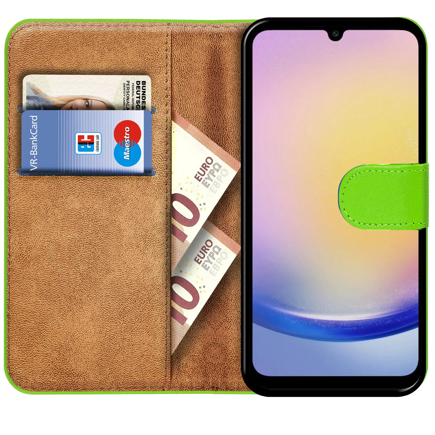 Grüne Klapphülle aus Kunstleder mit Kartenfächern, zeigt Samsung Galaxy A25 5G.