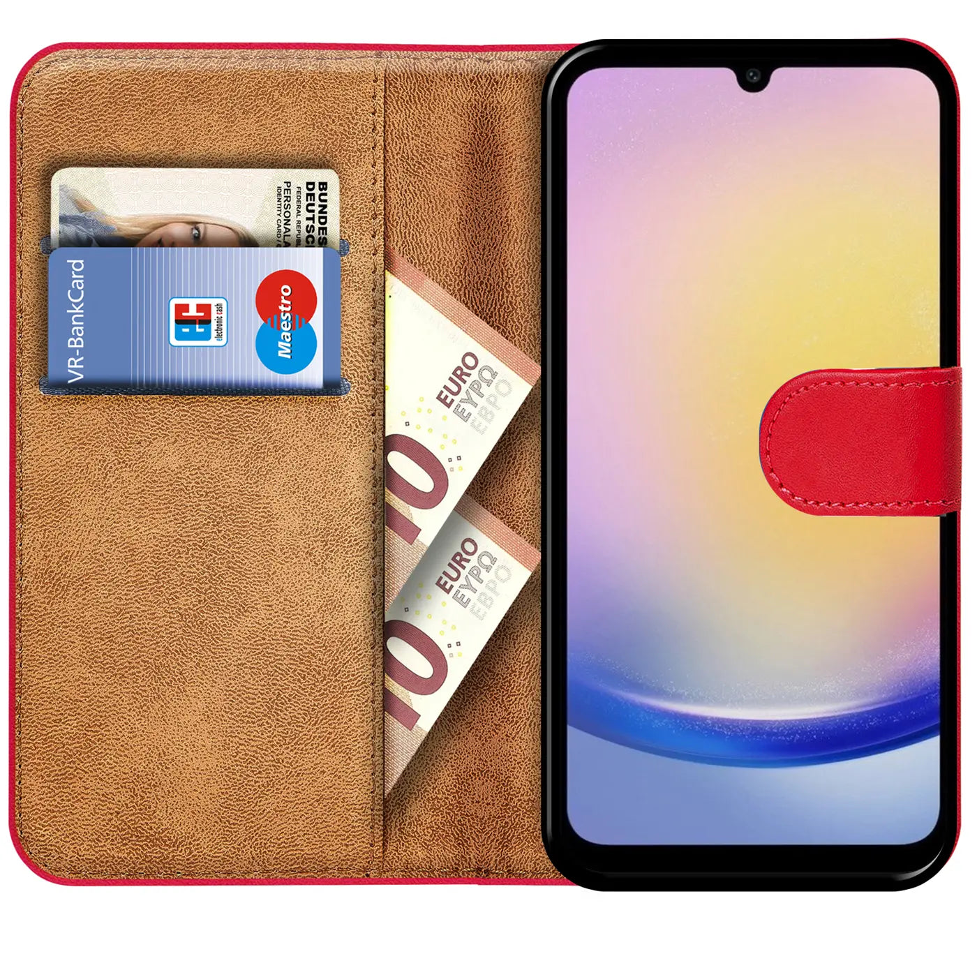 Rote Klapphülle aus Leder mit Kartenfächern und Geldscheinfach, zeigt Samsung Galaxy A25 5G.