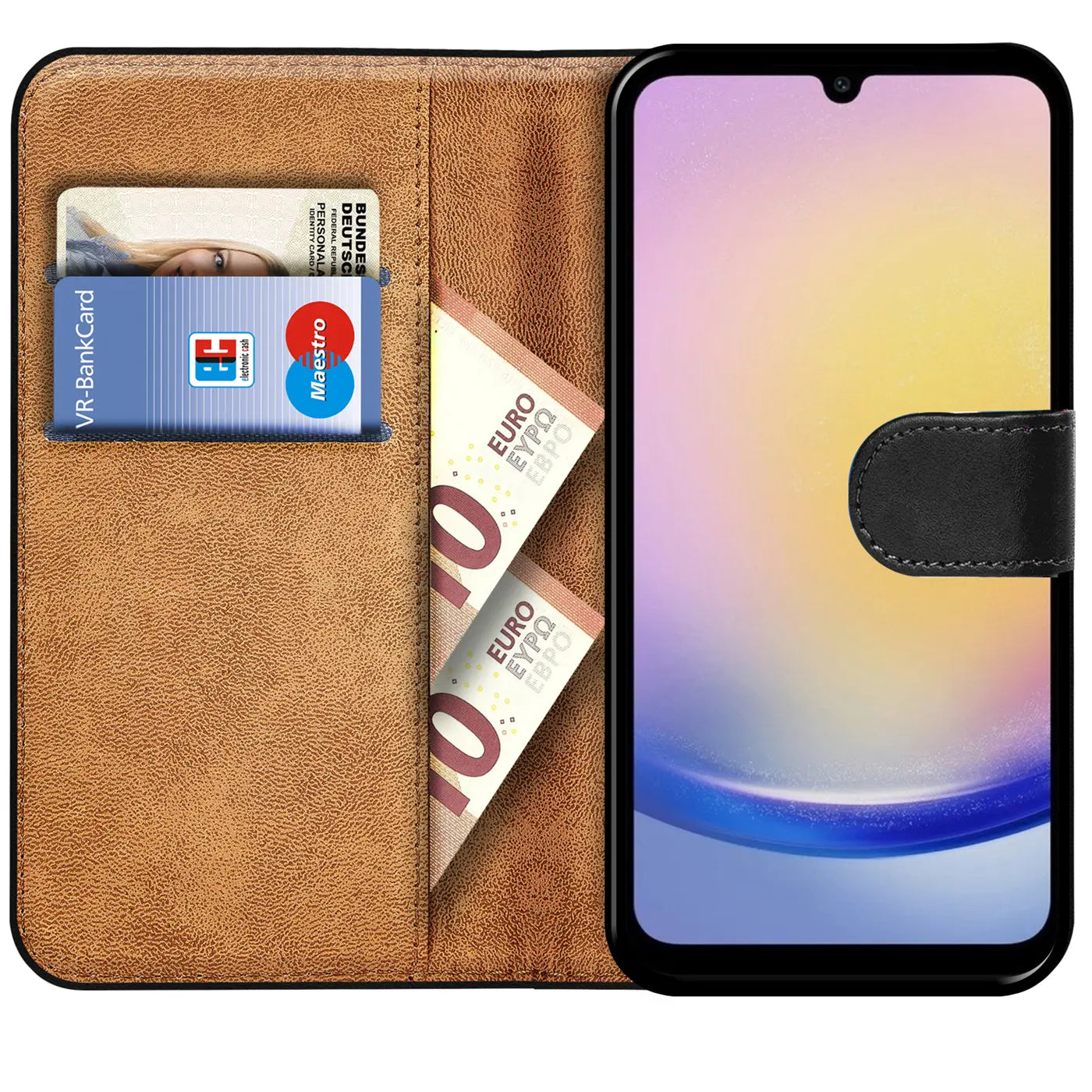 Braune Kunstleder-Klapphülle mit Kartenfächern und 10€-Scheinen, zeigt Samsung Galaxy A25 5G.