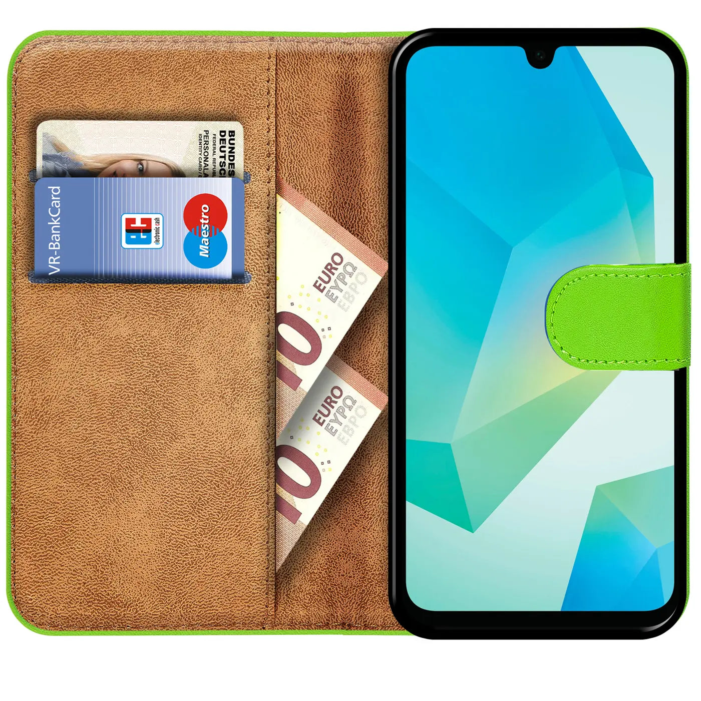 Grüne Klapphülle aus Kunstleder mit Kartenfächern, zeigt ein Smartphone mit blauem Display.