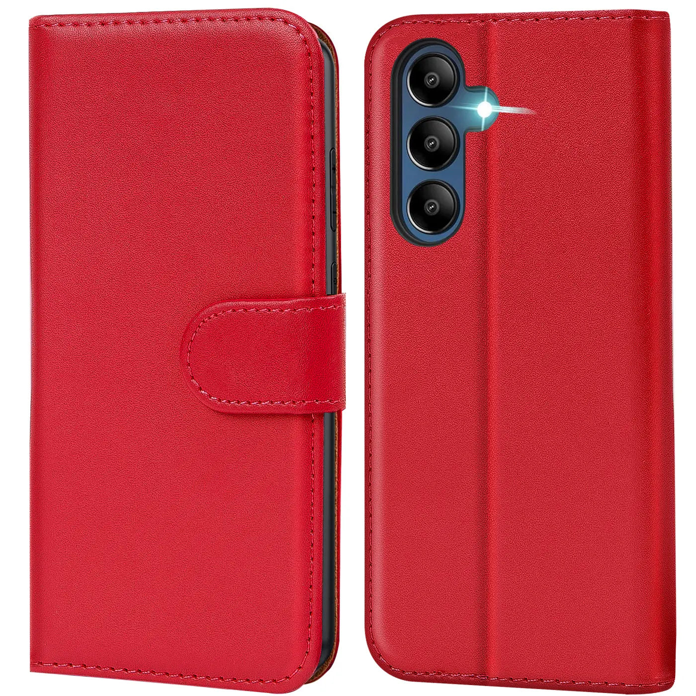 Rote Kunstleder-Klapphülle mit Kartenfächern, Vorder- und Rückansicht, Samsung Galaxy A26 5G.