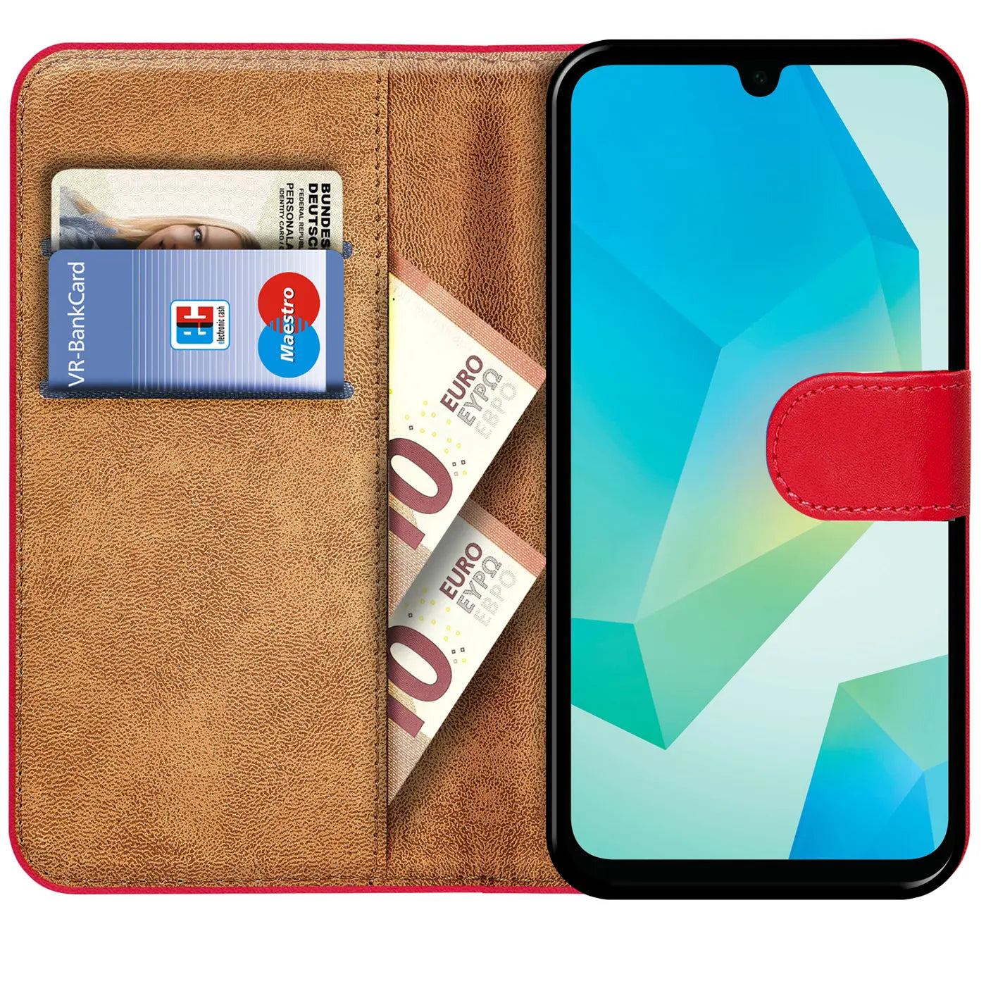 Rote Klapphülle aus Leder mit Kartenfächern, zeigt VR-Bankkarte, Maestro, 10€ Scheine, Samsung Galaxy A26 5G.