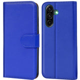 Blaue Kunstleder-Klapphülle mit Kartenfächern, Vorder- und Rückansicht, für Samsung Galaxy A27 5G.