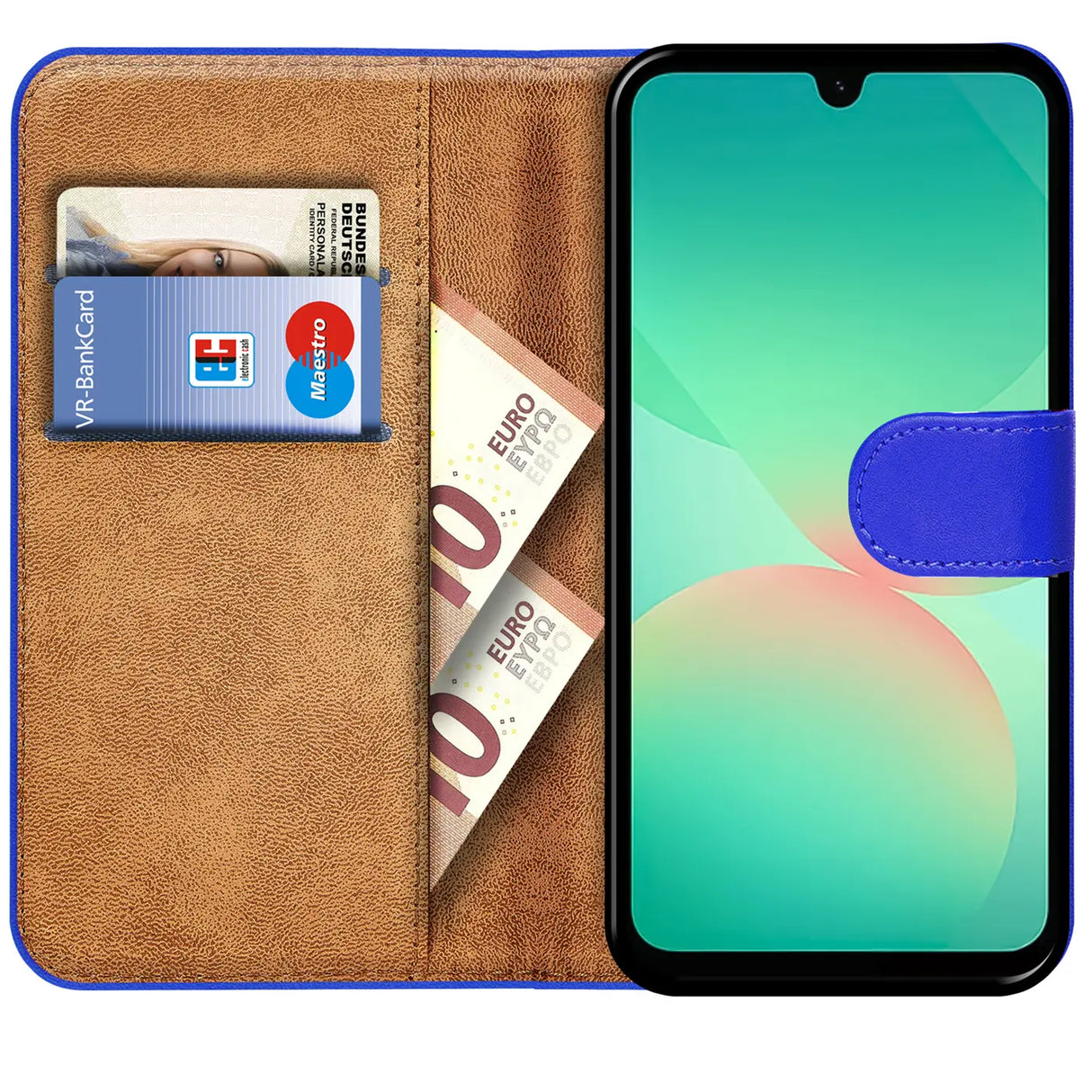 Blaue Kunstleder-Klapphülle mit Kartenfächern, zeigt Samsung A27 5G.