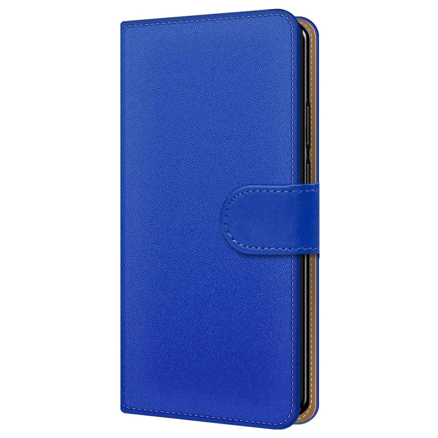 Blaue Kunstleder-Klapphülle mit Magnetverschluss, Seitenansicht, für Samsung Galaxy A27 5G.