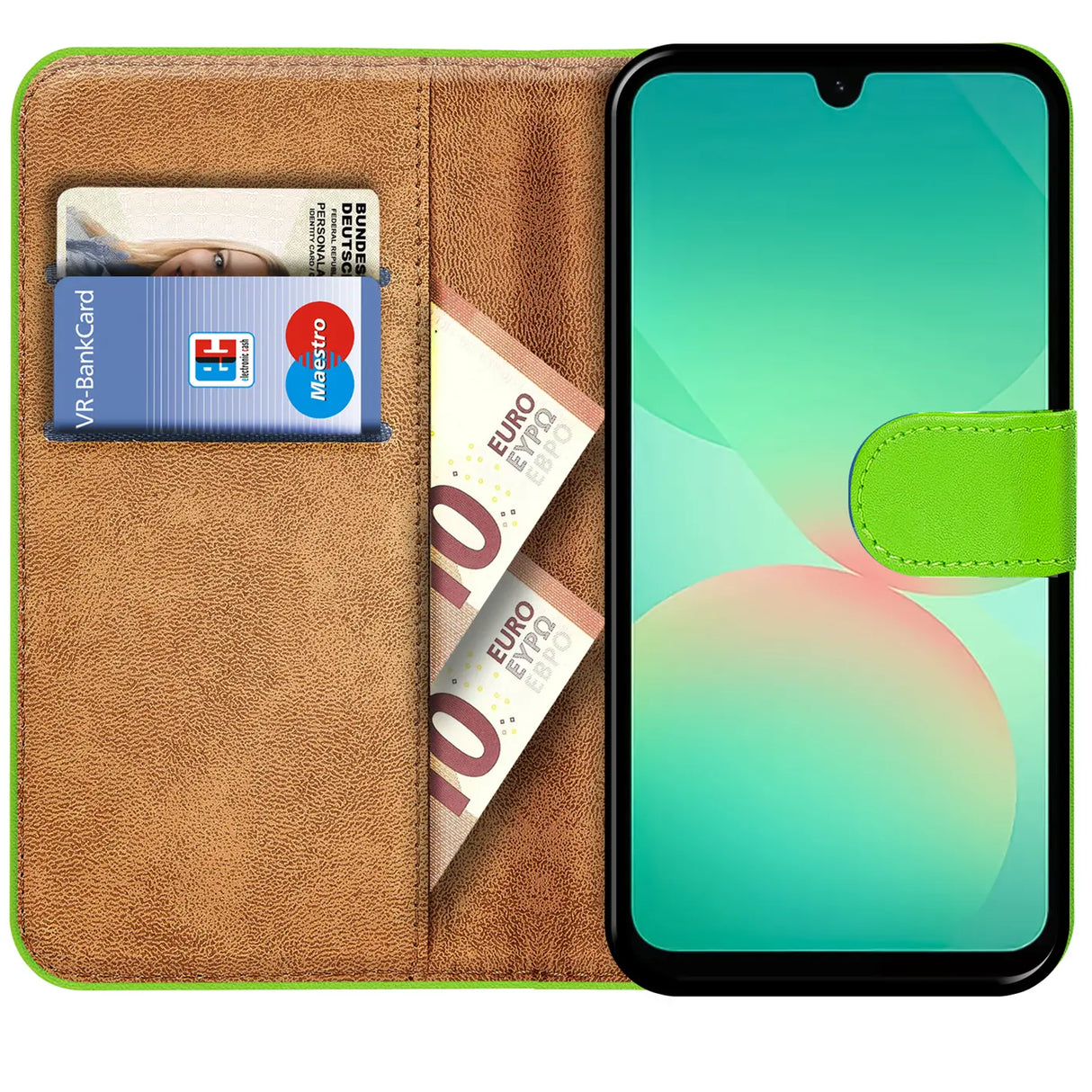 Grüne Klapphülle aus Leder mit Kartenfächern, zeigt Samsung Galaxy A27 5G.