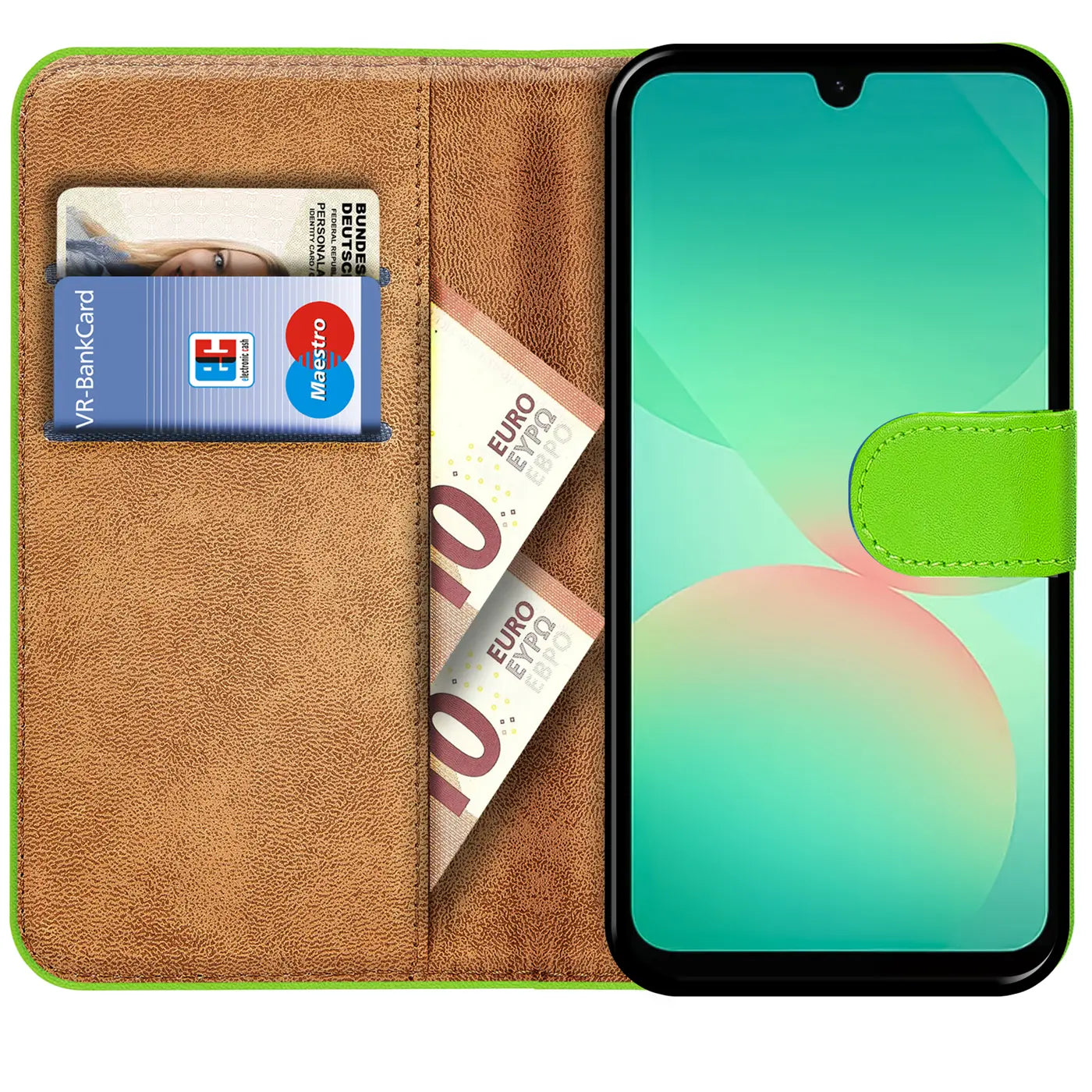 Grüne Klapphülle aus Leder mit Kartenfächern, zeigt Samsung Galaxy A27 5G.