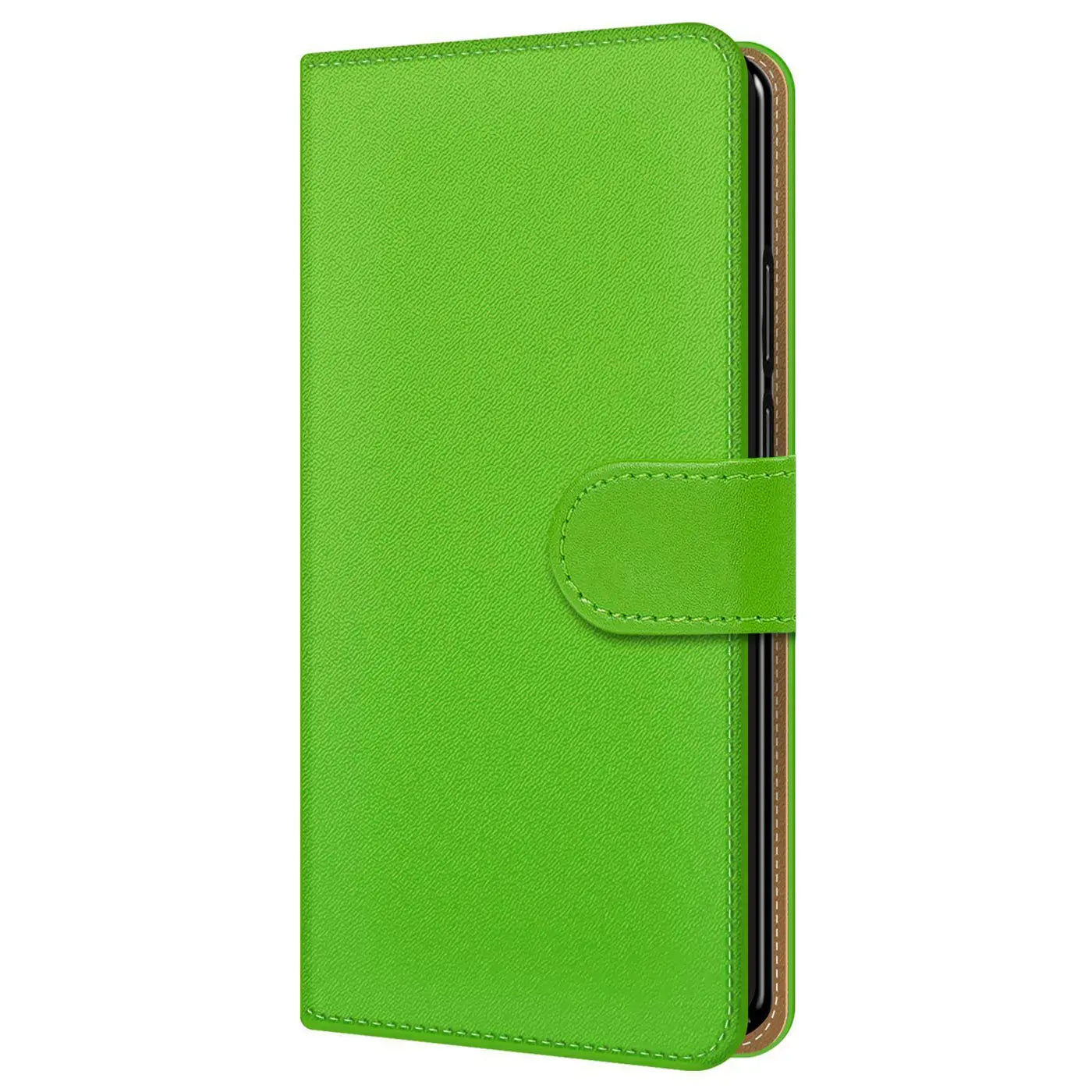 Grüne Kunstleder-Klapphülle mit Kartenfächern für Samsung Galaxy A27 5G, von vorne gesehen.