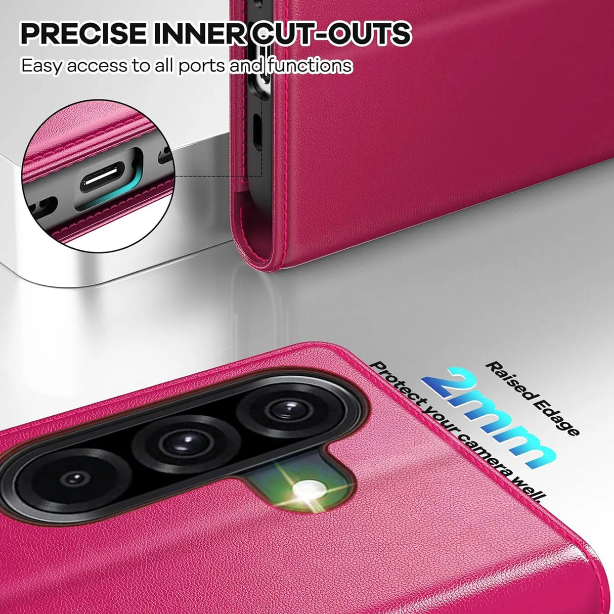 Pink Kunstleder-Klapphülle mit Kartenfächern für Samsung Galaxy A27 5G, Nahaufnahme Kamera