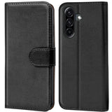 Schwarze Leder-Klapphülle mit Kartenfächern, Vorder- und Rückansicht, Samsung Galaxy A27 5G.