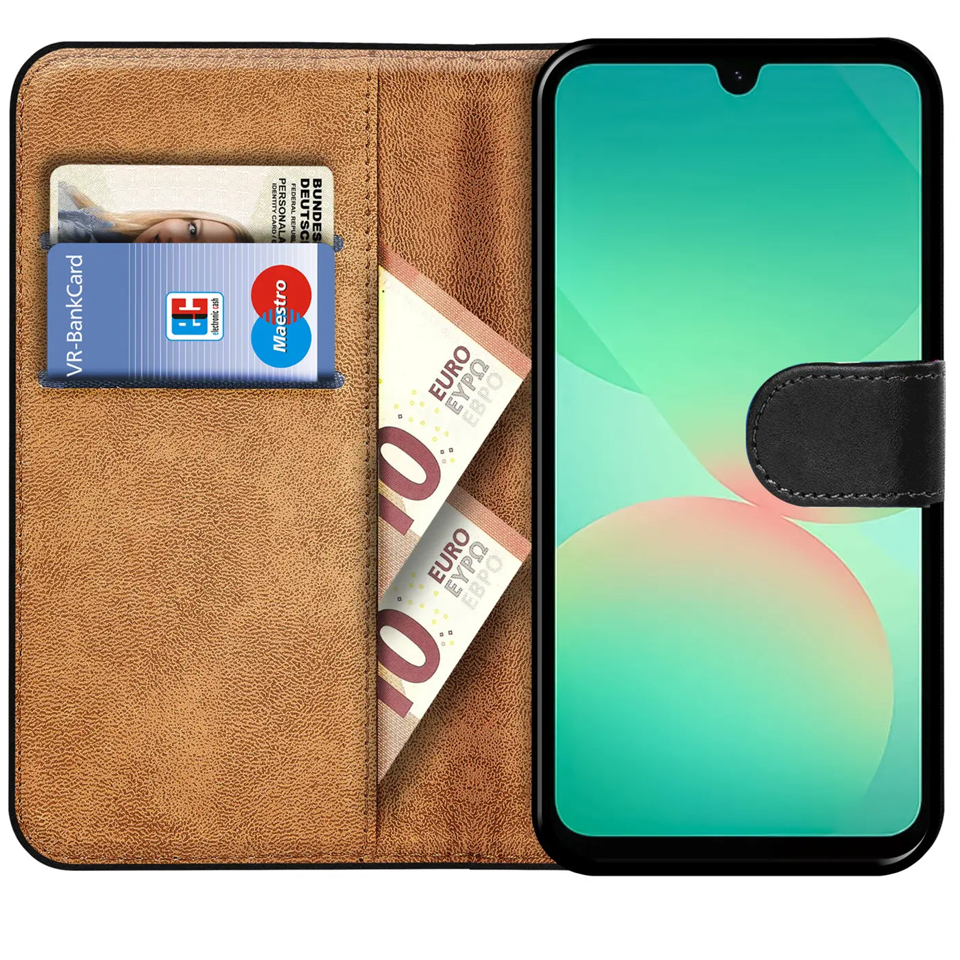 Braune Kunstleder-Klapphülle mit Kartenfächern und Geldscheinfach, zeigt Samsung Galaxy A27 5G.