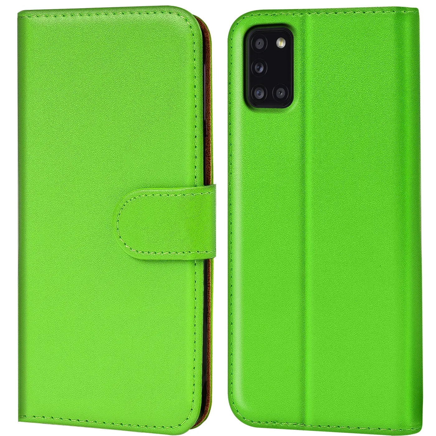 Grüne Kunstleder-Klapphülle für Samsung Galaxy A31, Vorder- und Rückansicht.