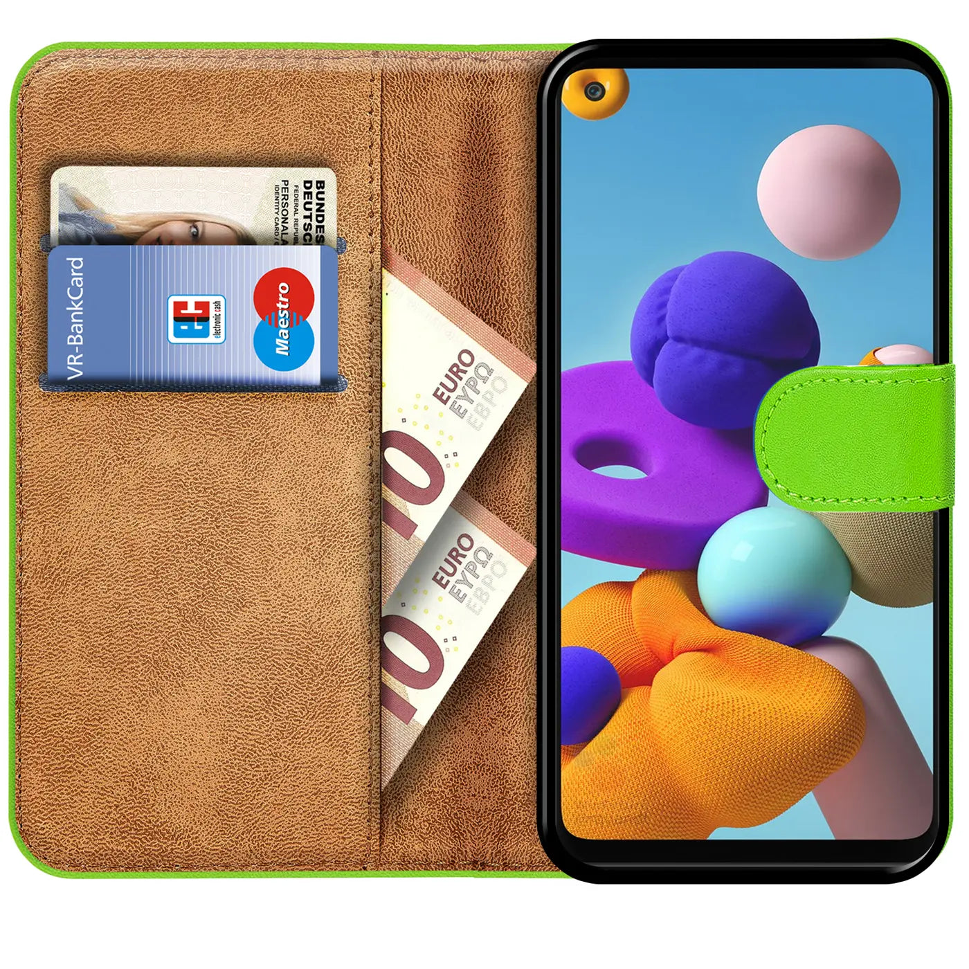 Grüne Kunstleder-Klapphülle mit Kartenfächern, zeigt Samsung Galaxy A31.