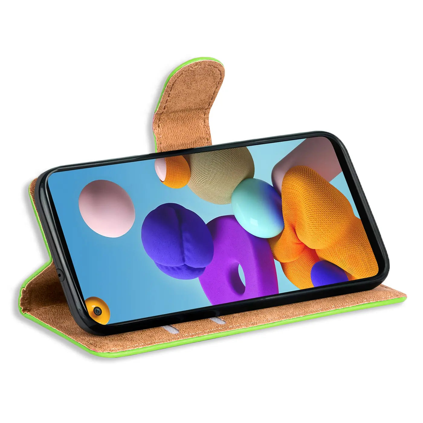 Grüne Kunstleder-Klapphülle mit Kartenfächern, Samsung Galaxy A31, von vorne