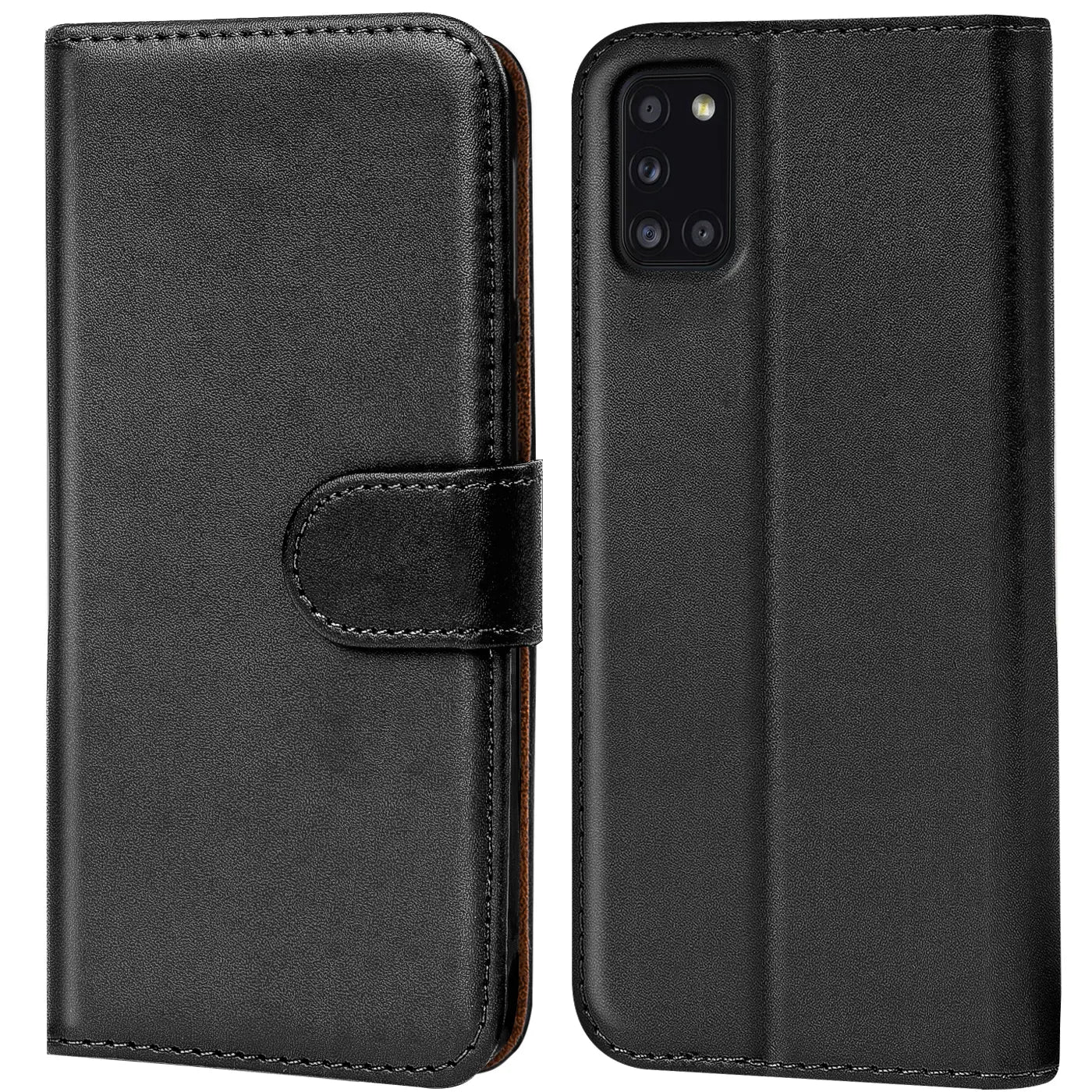 Schwarze Leder-Klapphülle mit Kartenfächern, Vorder- und Rückansicht, für Samsung Galaxy A31.