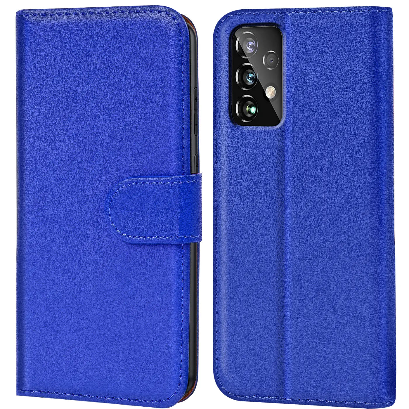Blaue Kunstleder-Klapphülle mit Kartenfächern, Vorder- und Rückansicht, Samsung Galaxy A33 5G.